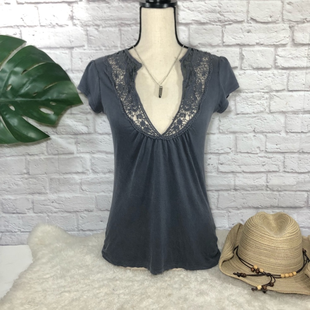 Lace-Trim Deep V Short Sleeve Top - Charcoal